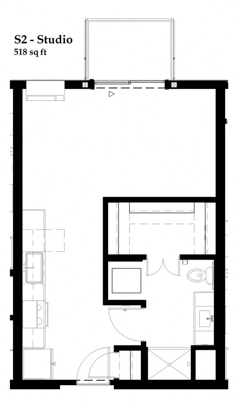 Floor plan for studio, 1 bath, 518 sqft